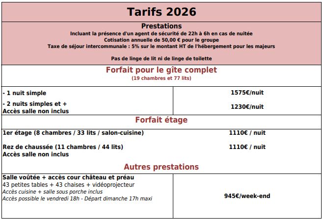 Tarifs 2026